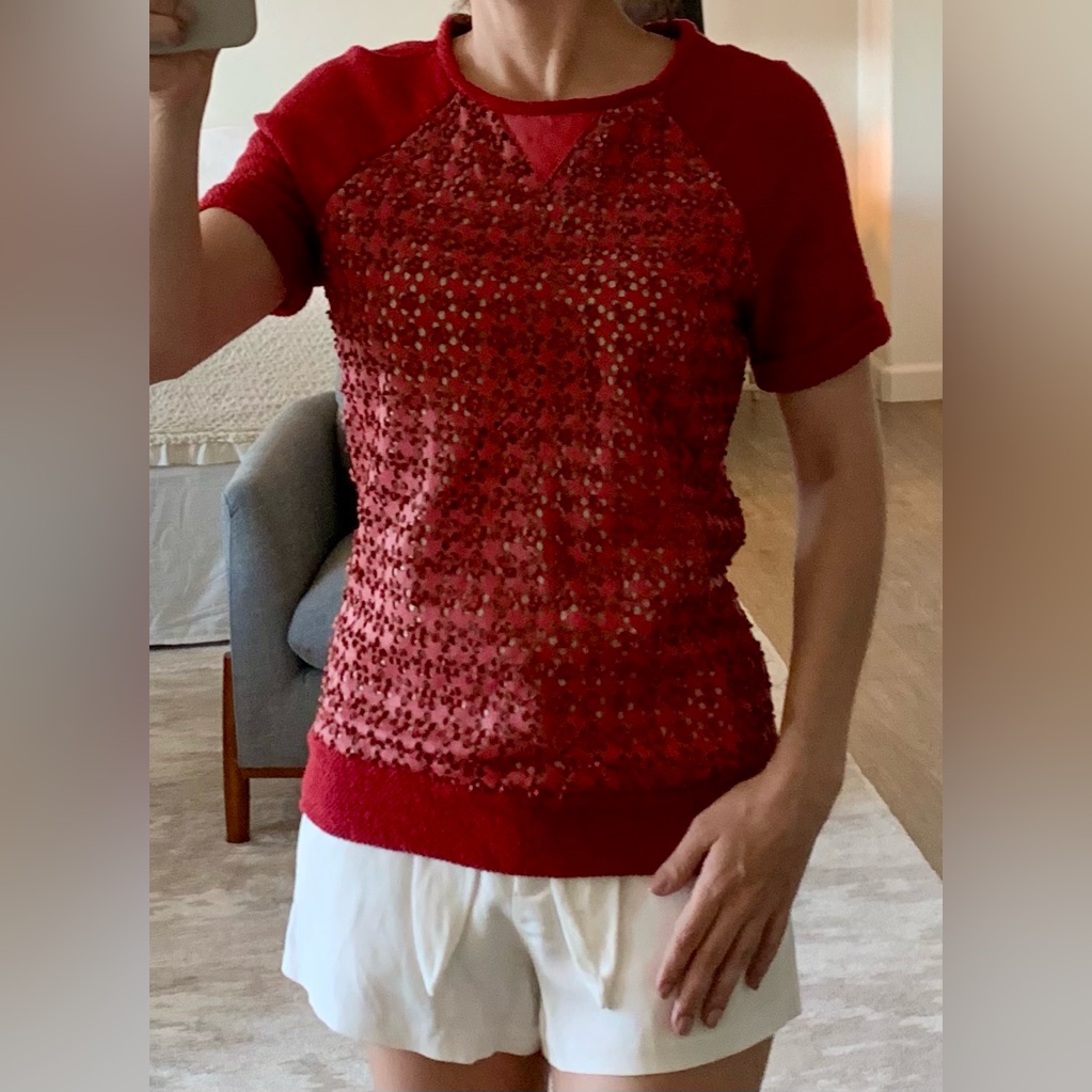 Red Authentic Leather And Linen Textured Blouse With Black Zipper